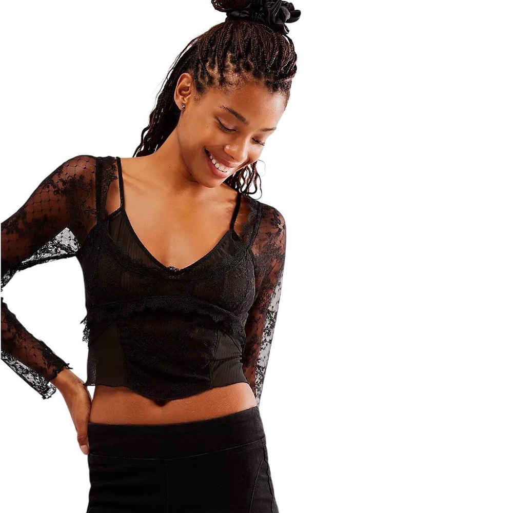Free People Picture Perfect Corset Goth Black Lace Top Sheer Layered Large
